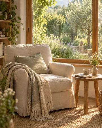 Un fauteuil accueillant près d'une fenêtre ouverte sur le jardin