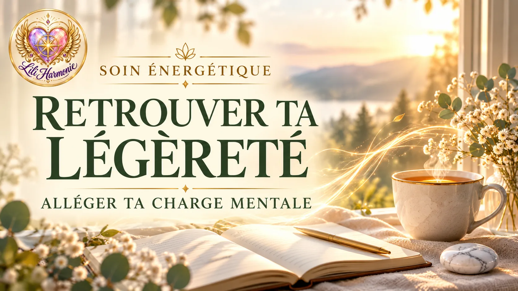 Retrouver ta légèreté : un carnet ouvert, une tasse fumante et une pierre d'howlite devant une fenêtre baignée de lumière